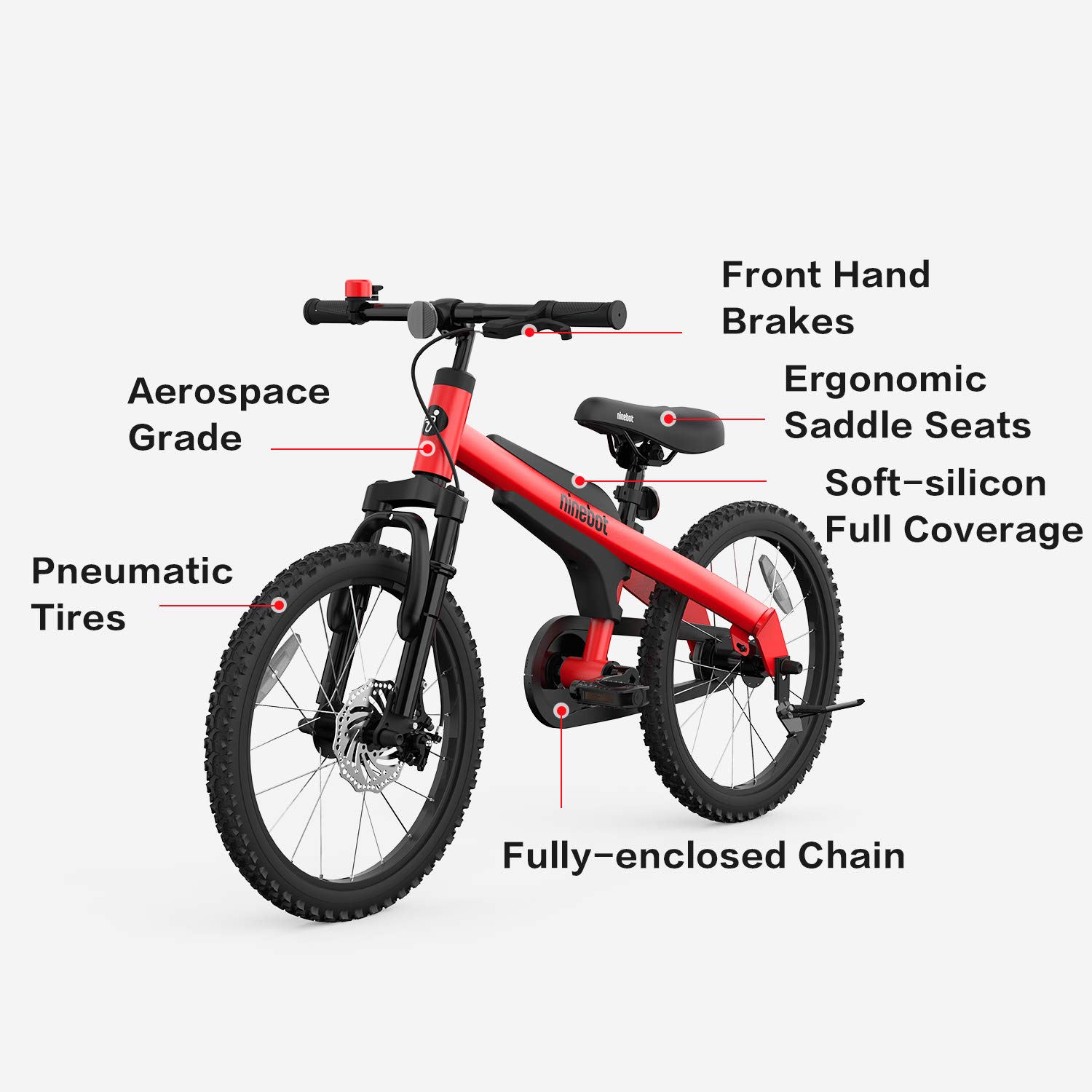 Segway Ninebot 18" Kids Bike Ages 5-10, w/Aerospace Aluminum Frame, Enclosed Chain, Shock Absorbing Suspension, Disc Brakes and Kickstand - Red & Blue