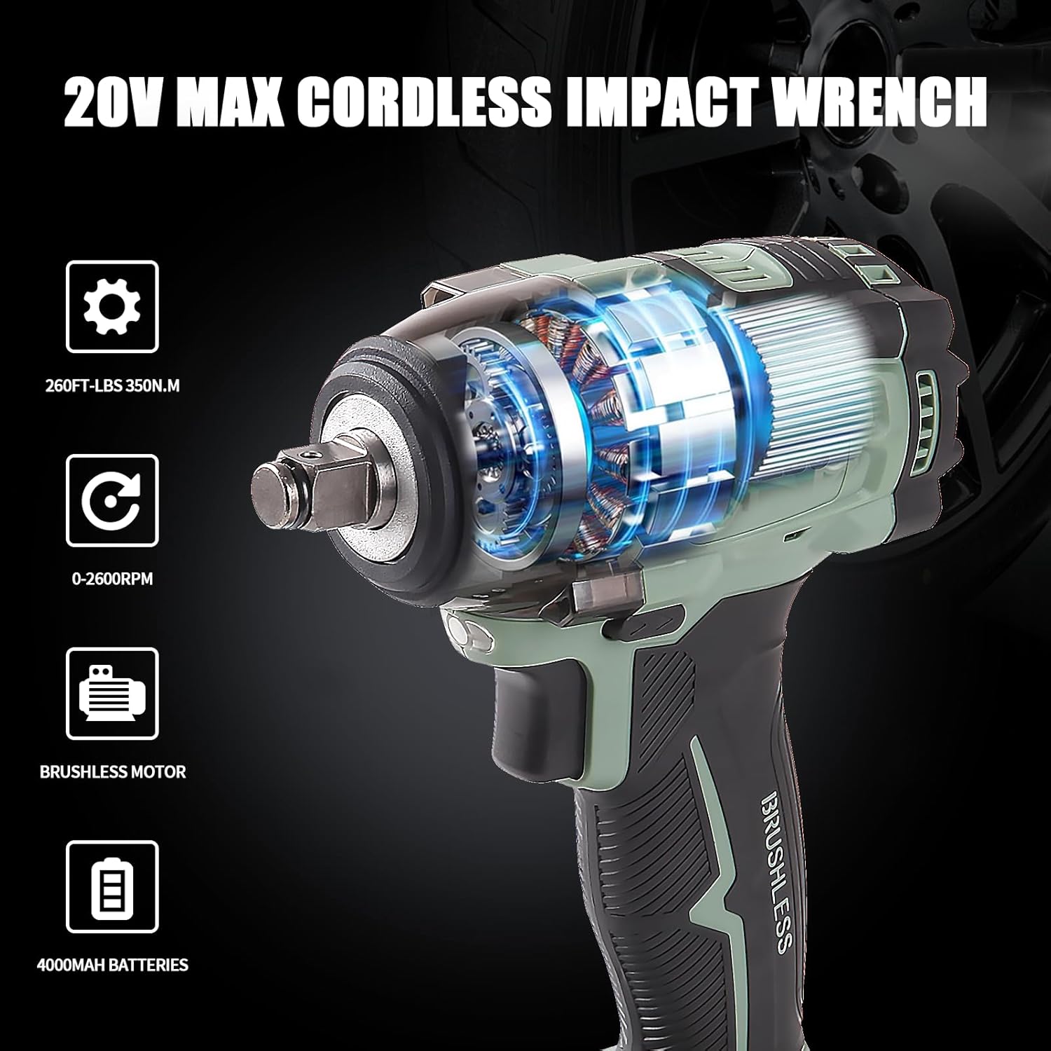 KREBS 20V Cordless Impact Wrench High Torque Max 260Ft-lbs(350N.m) Portable Impact Driver 1/2 inch Brushless with 6 Sockets 4.0Ah Battery Electric Power Wrench for Car, Workshop, Home, DIY Project