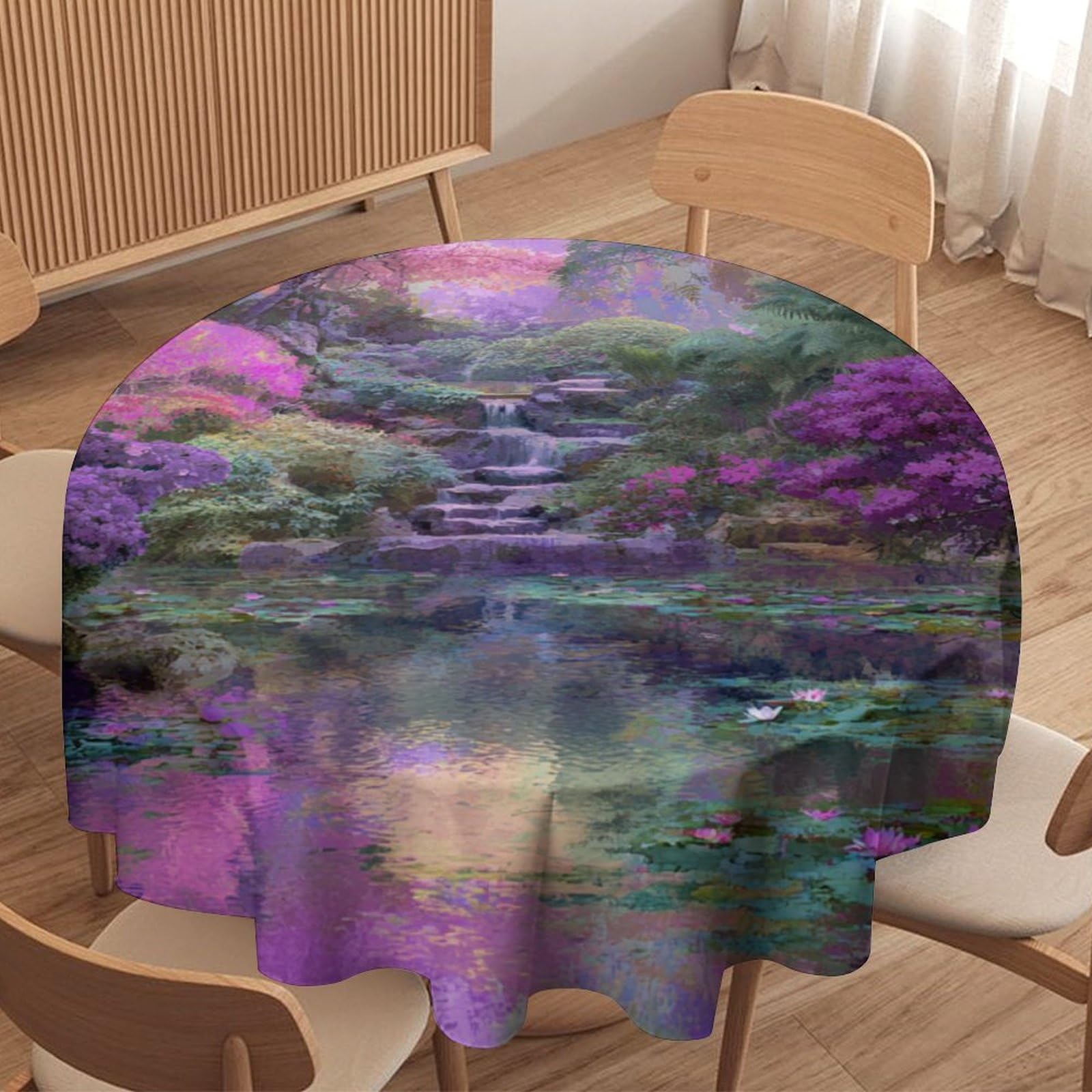LUYYSKY Fantasy Classic Cherry Blossom Waterproof Round Tablecloth Funny Natural Spring Waterfall Lotus Floral Pattern Washable Table Cover for Kitchen-177.8" Wx177.8 L cm