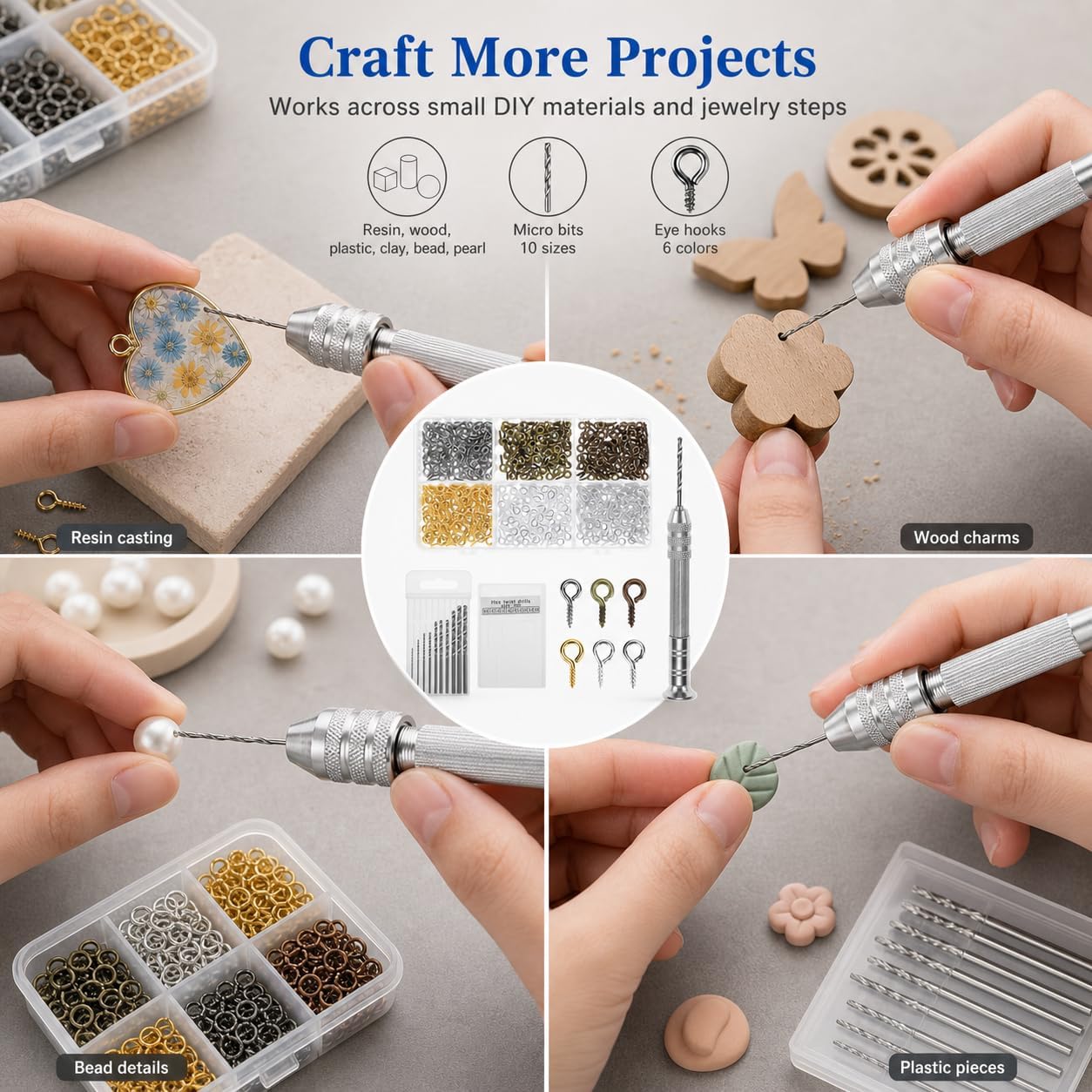 QWORK Pin Vise Hand Drill Set with 600PCS Small Screw Eye Hooks and 10 Sizes Drill Bits (0.8-3mm) – Manual Micro Rotary Tool for Keychain, Jewelry Making & DIY Crafts – Resin, Wood, Clay