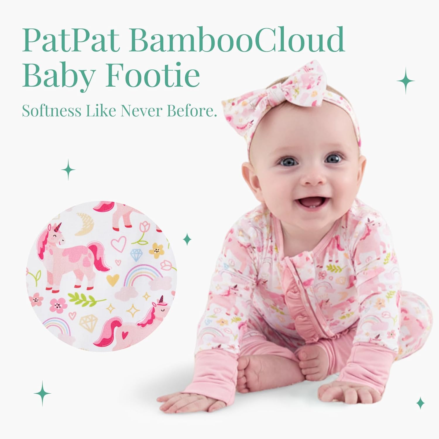 PATPAT Baby Girl Boy Footie Clothes, Bamboo Viscose, 2-Way Ruffled Zipper, Fold-Over Mittens & Cuffs with Headband - Image 2