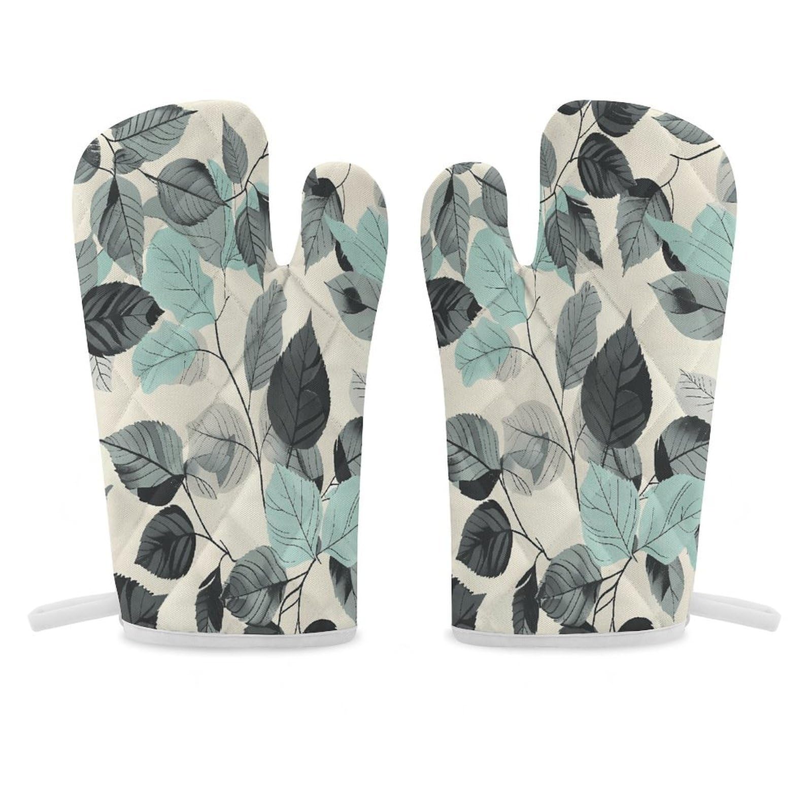 Mint Gray Leaves Oven Mitt Heat Resistant Potholder Set,Durable Oven Gloves for Gifts,Glove Pot Holder for Cooking Baking Grilling BBQ