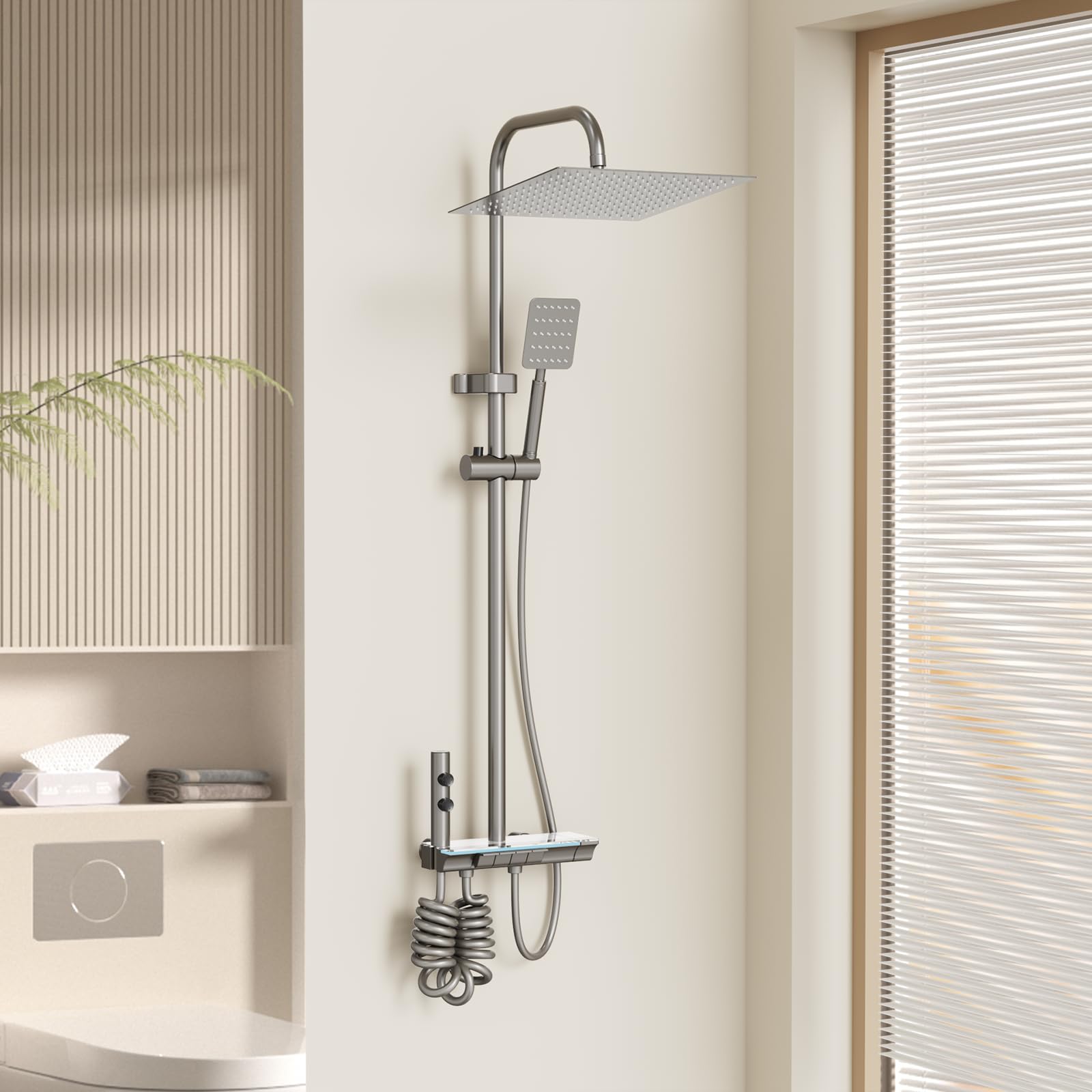 LANMOU Deszczownica z armaturą, kompletny zestaw ze szklaną półką i diodami LED, system prysznicowy ze stali nierdzewnej 30 x 30 cm, prostokątna głowica prysznicowa, zestaw prysznicowy w zestawie