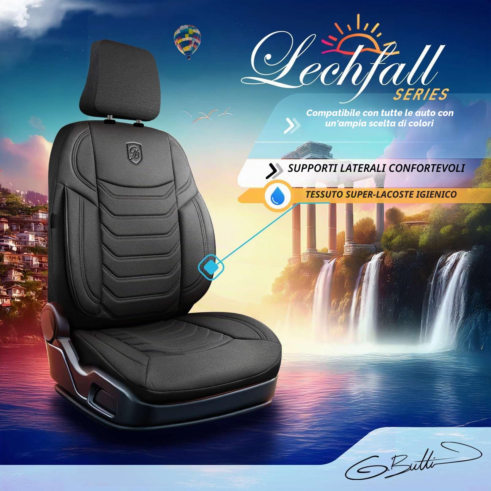 Coprisedili universali per auto e SUV – Coprisedili anteriori di alta qualità, in tessuto Lacoste, nero, compatibili con airbag, coprisedile auto, set di montaggio incluso