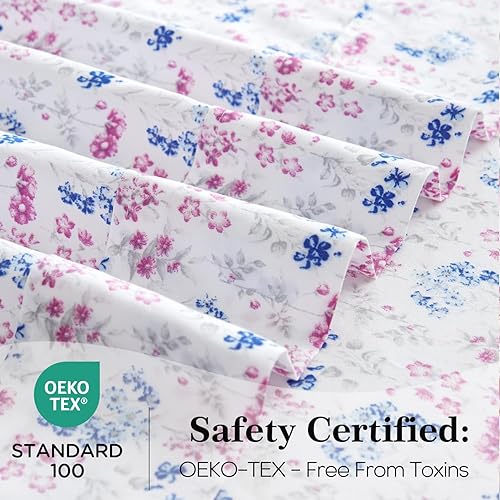 Miniatura 3 de Sábana floral tamaño King, 4 piezas, sábanas de bolsillo profundo de 16 pulgadas, sábanas de enfriamiento suaves de lujo, fácil cuidado, King, flor