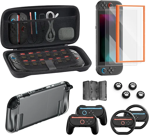 Switch 2 Accessories Bundle for Nintendo, 16-in-1 Game Kit: Carrying Case, Screen Protectors with Alignment Frame, Steering Wheels, Grips for Joycon Controller, Dockable Console Protective Cover Shell