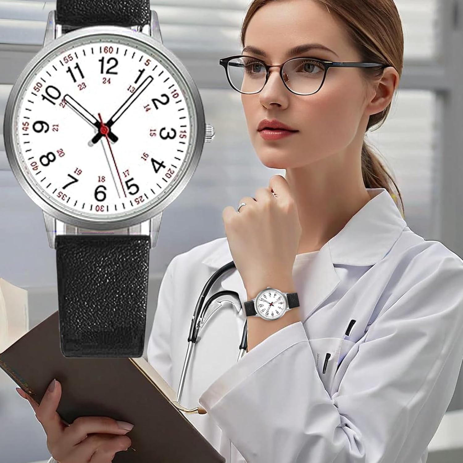 6 Pack Nurse Watch for Medical Professionals Students Women Men Leather Band Nursing Easy Read Dial Analog Military Time Luminouse Wristwatch Ladies Jewerly Dress Watches