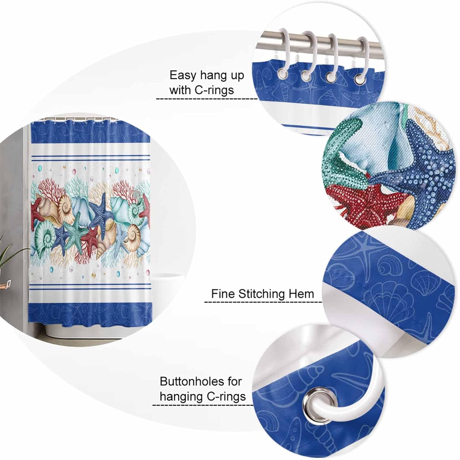 Coastal Beach Shower Curtain, Nautical Ocean Seashell Coral Starfish Shower Curtains Set with Hooks, Blue Teal Summer Waterproof Fabric Bathroom Curtains Decor Home Accessories,72X 96 Inch Extra Long