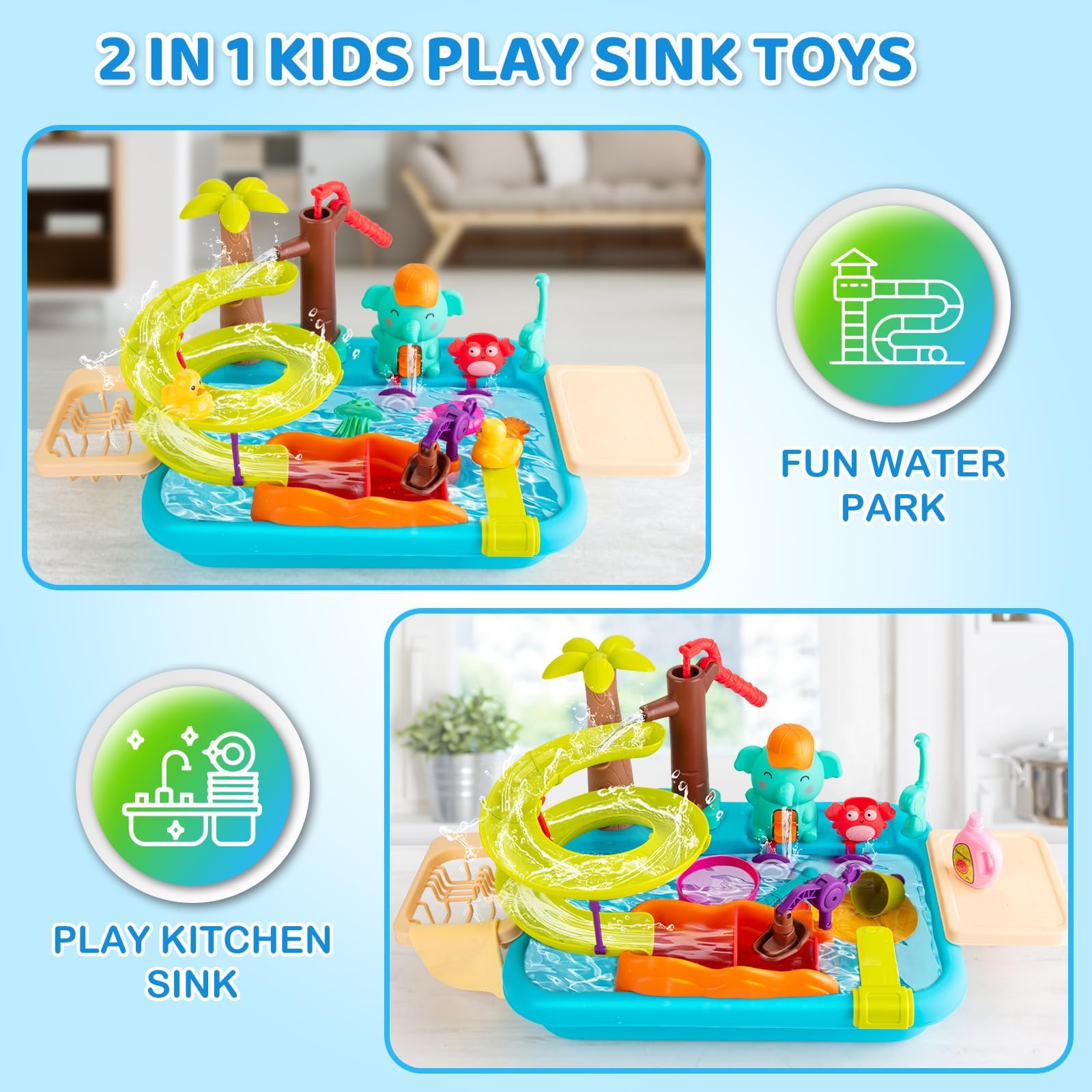 Juboury Kids Play Kitchen Sink Toy With Manual Faucet, Sink With Running Water, Fishing Water Toys, Children's Play Kitchen Gift for Boys Girls