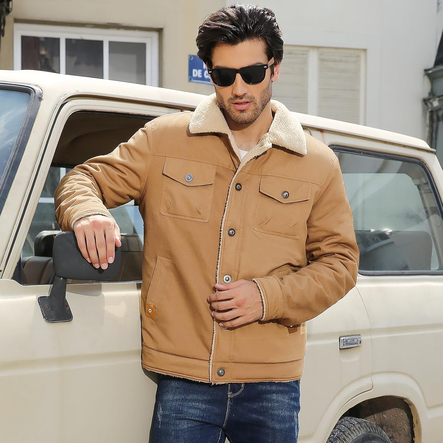 Mens Winter Jacket Thick Thermal Cotton Warm Fleece Lined Sherpa Jacket Trucker Lapel Work Cargo Jackets Coat Outerwear - Image 2