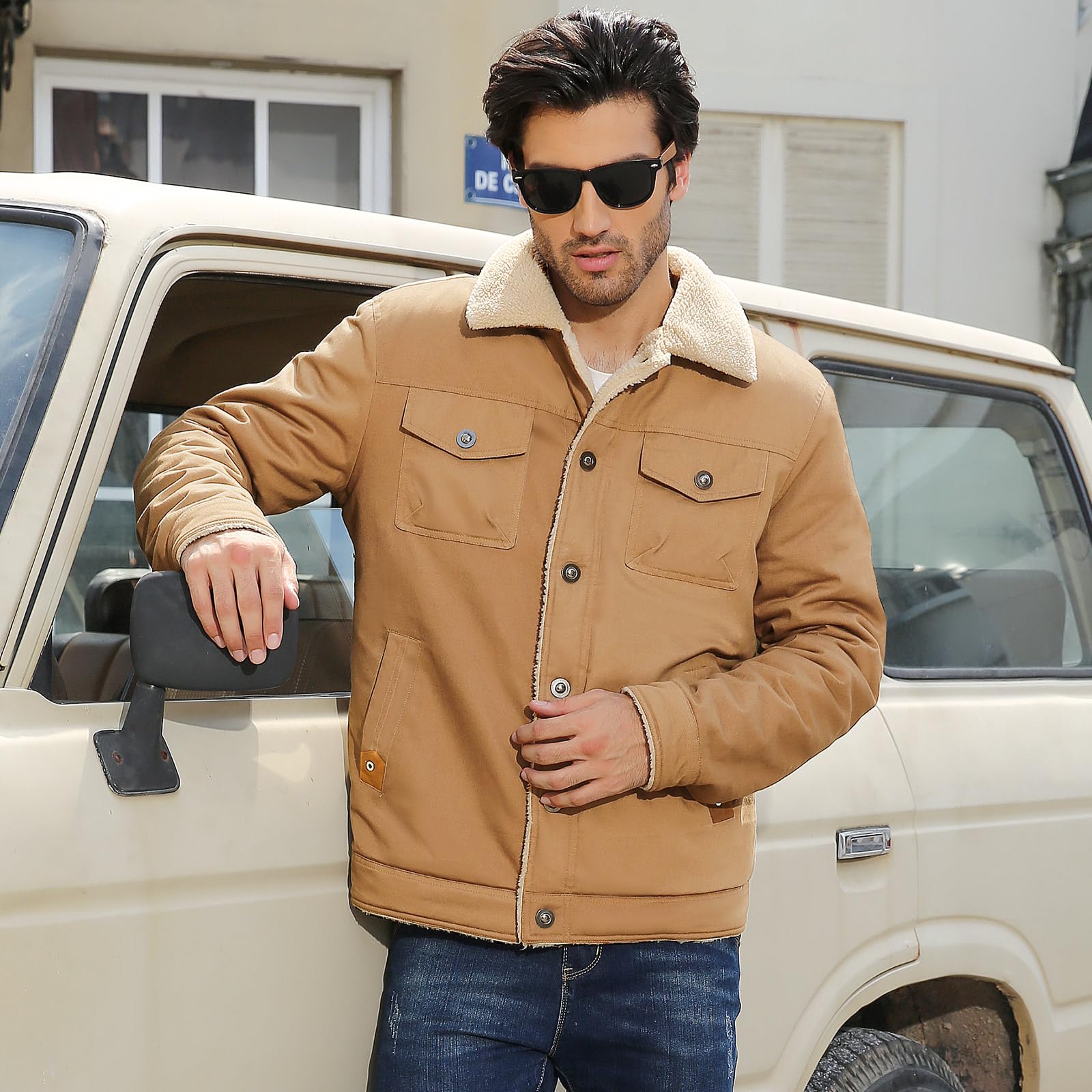 Chaqueta de invierno para hombre, de algodón térmico grueso, con forro polar cálido, chaqueta de sherpa, chaqueta de camionero con solapa, chaqueta cargo para el trabajo