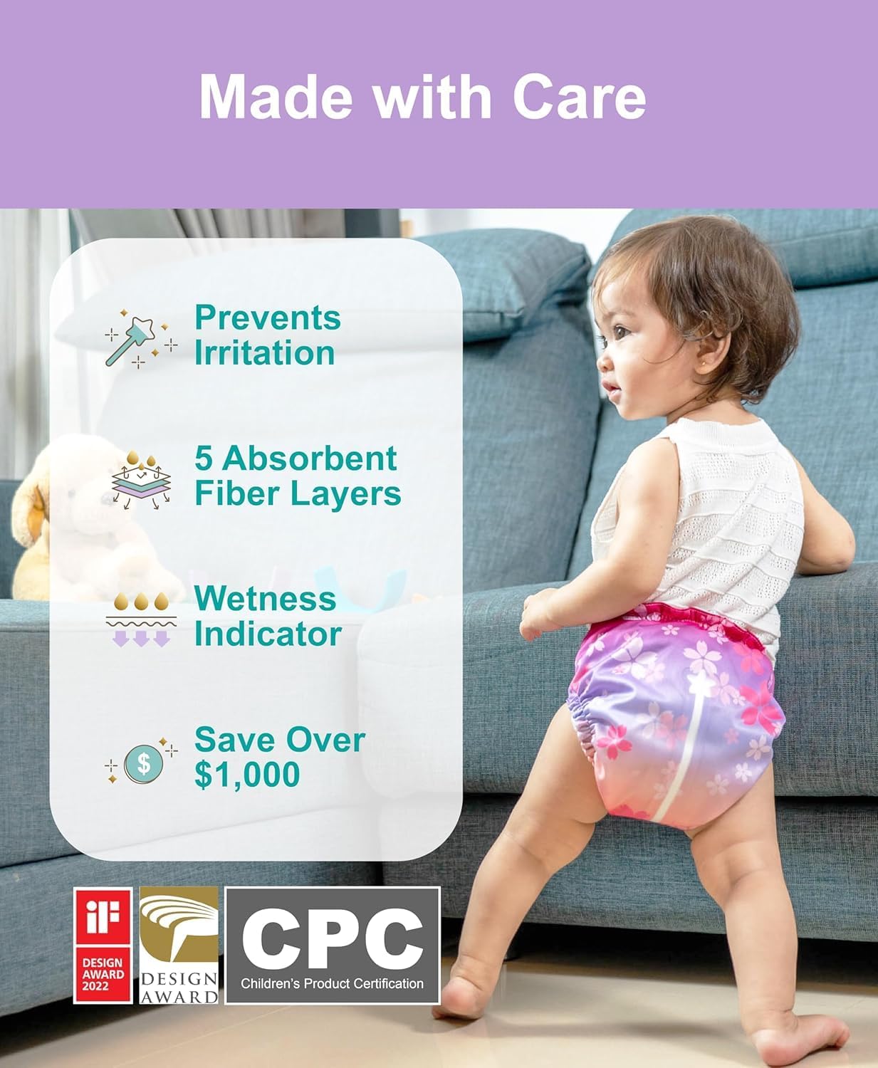 Reusable Cloth Diapers with Wetness Indicator, Swim Diaper, 1 Waterproof Skin Friendly Covers & Insert One Size Adjustable Washable Diapers for Newborns, Baby (11-33 lbs, 0-3 Years, Firework)