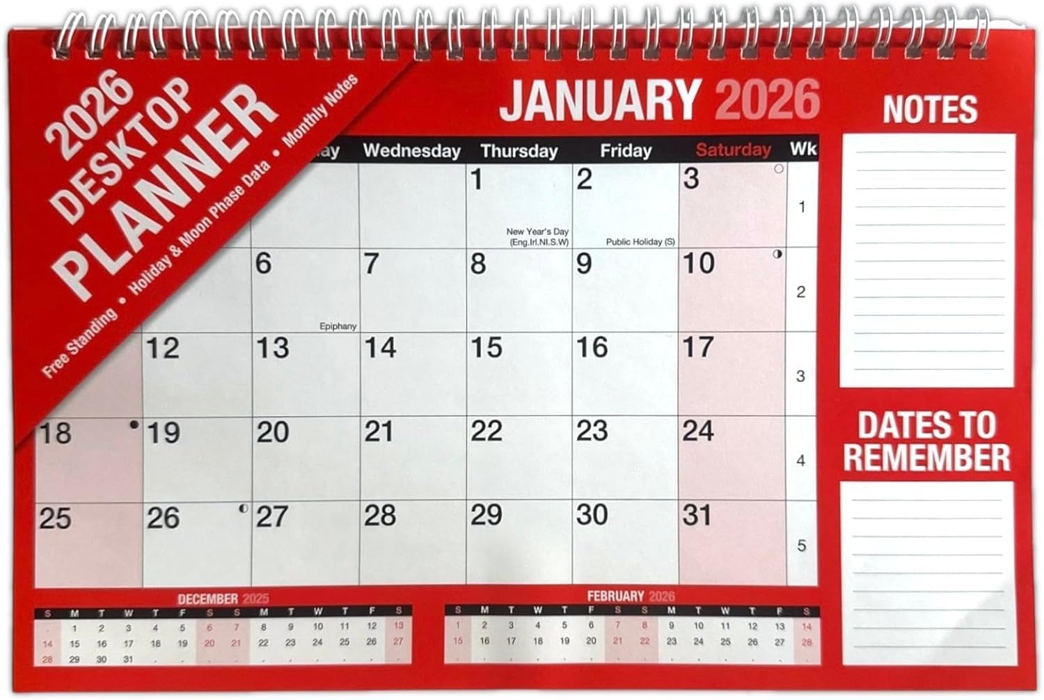 2026 Month to View Desktop Planner Red and White Calendar for Home Office and School Use 29cm x 15cm