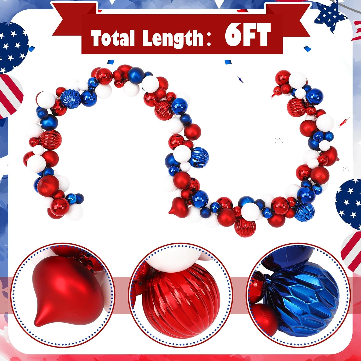 5.9 ft Red White Blue Ball Garland Patriotic Ball Garland 4th of July Decorations Memorial Day Plastic Glitter Ornament Balls Round Bead Table Wall Hanging for 250th Anniversary Independence Day