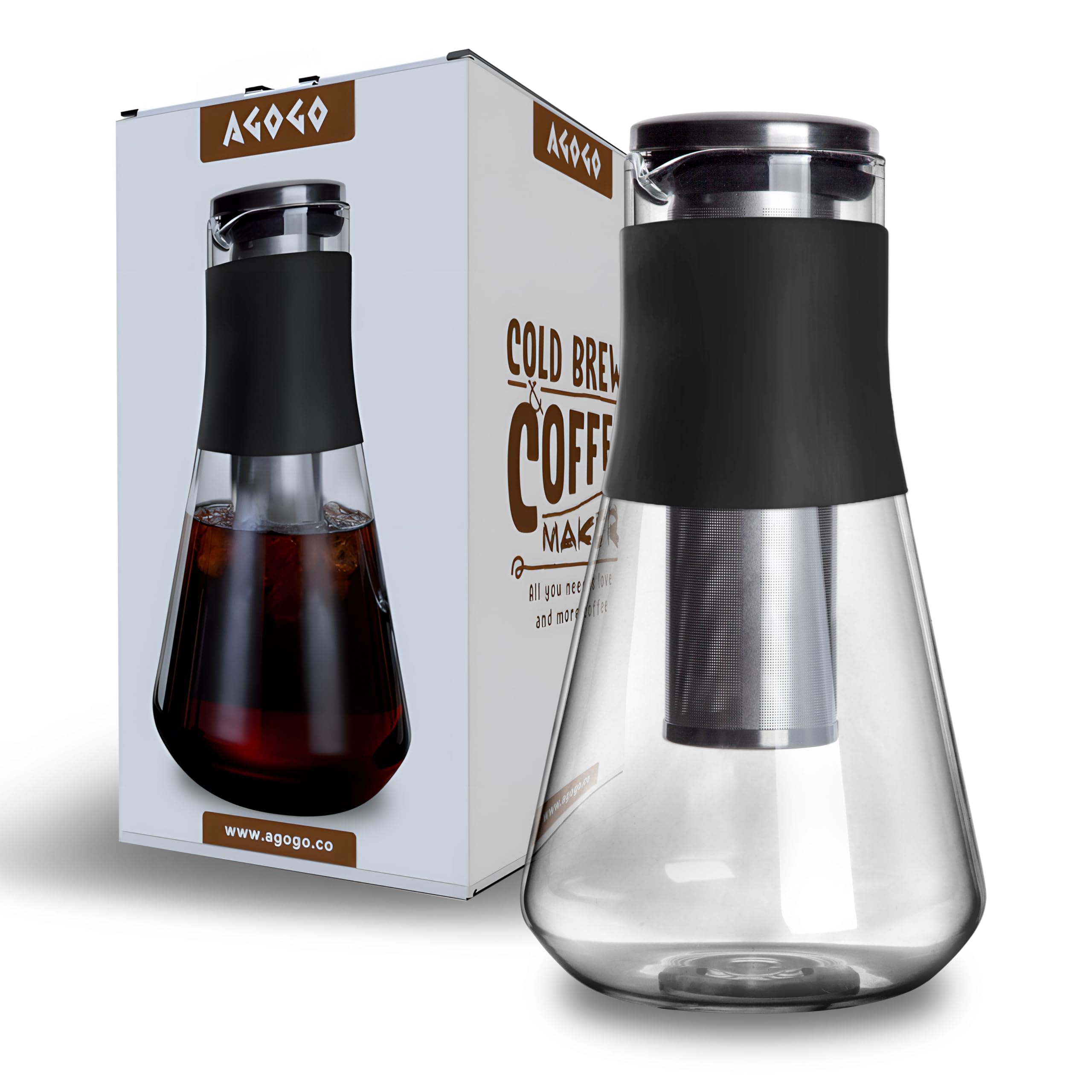 AGOGO Cold Brew Iced Coffee Makers with Metal Filters Silicone Non-slip Grip Carafe 1600ml