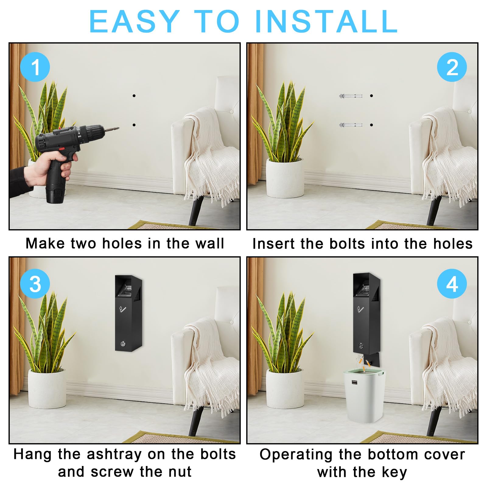 Cenicero de pared para exteriores, 40 x 10 x 10 cm, cenicero para exteriores, de acero con llave, material de montaje, cenicero de pared, resistente a la intemperie, para hoteles, calle