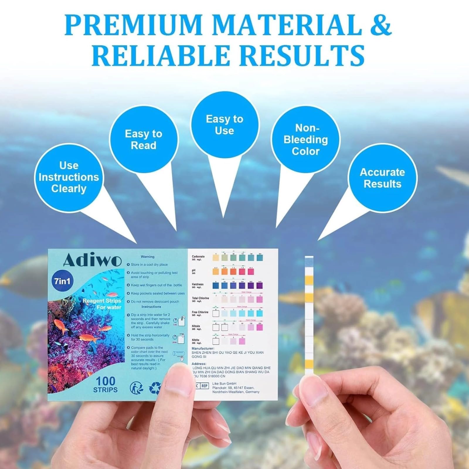 Bandelettes de Test d'Aquarium 7 en 1, 100 Bandelettes de Test Eau Dureté Totale, Alcalinité, Carbonates, Nitrates, Nitrites, Chlore Libre pH, Cuivre Test Rapide pour Aquarium Étang Piscine