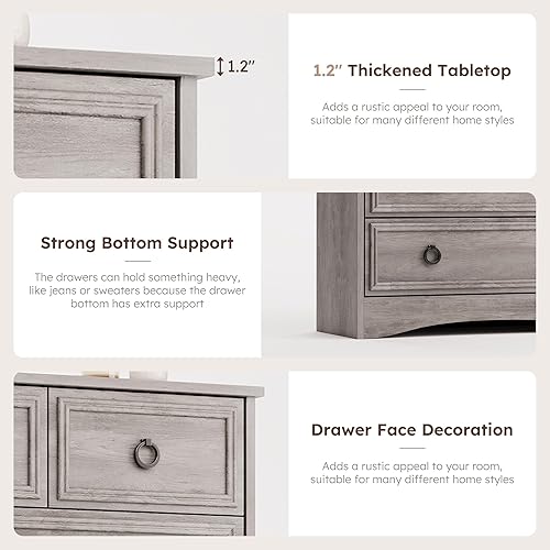 Vista 8 de Cómoda gris de 6 cajones, cómoda de 44 pulgadas de alto para dormitorio, cómoda de madera, tirador de anillo de metal, bordes texturizados
