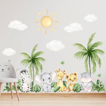 Safari Animal Wall Decals Peel and Stick Safari Nursery Decor Cute Jungle Zoo Animals Decorations Watercolor Tree Animals Wall Stickers for Baby Room Playroom Classroom Decor