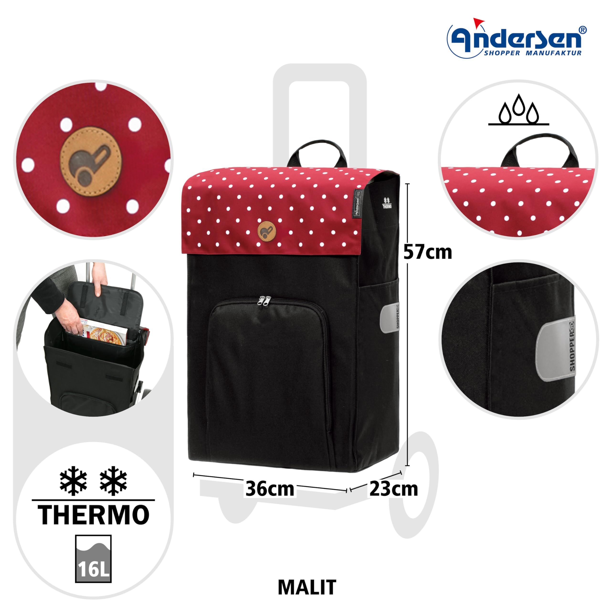 ANDERSEN Einkaufstrolley - Komfort Shopper Malit rot 49 L Einkaufswagen,langlebig,Thermo, klappbar, mit Sitz, multifunktional
