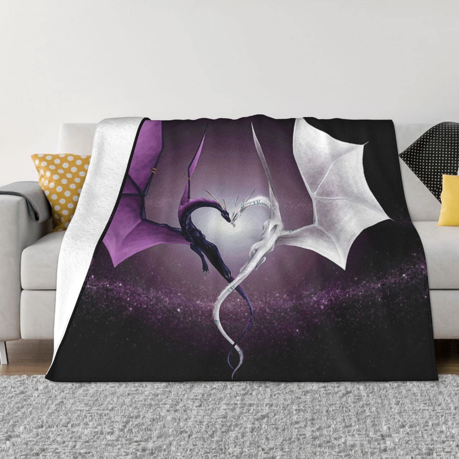Couverture douce en flanelle motif dragon violet et blanc pour lit et canapé