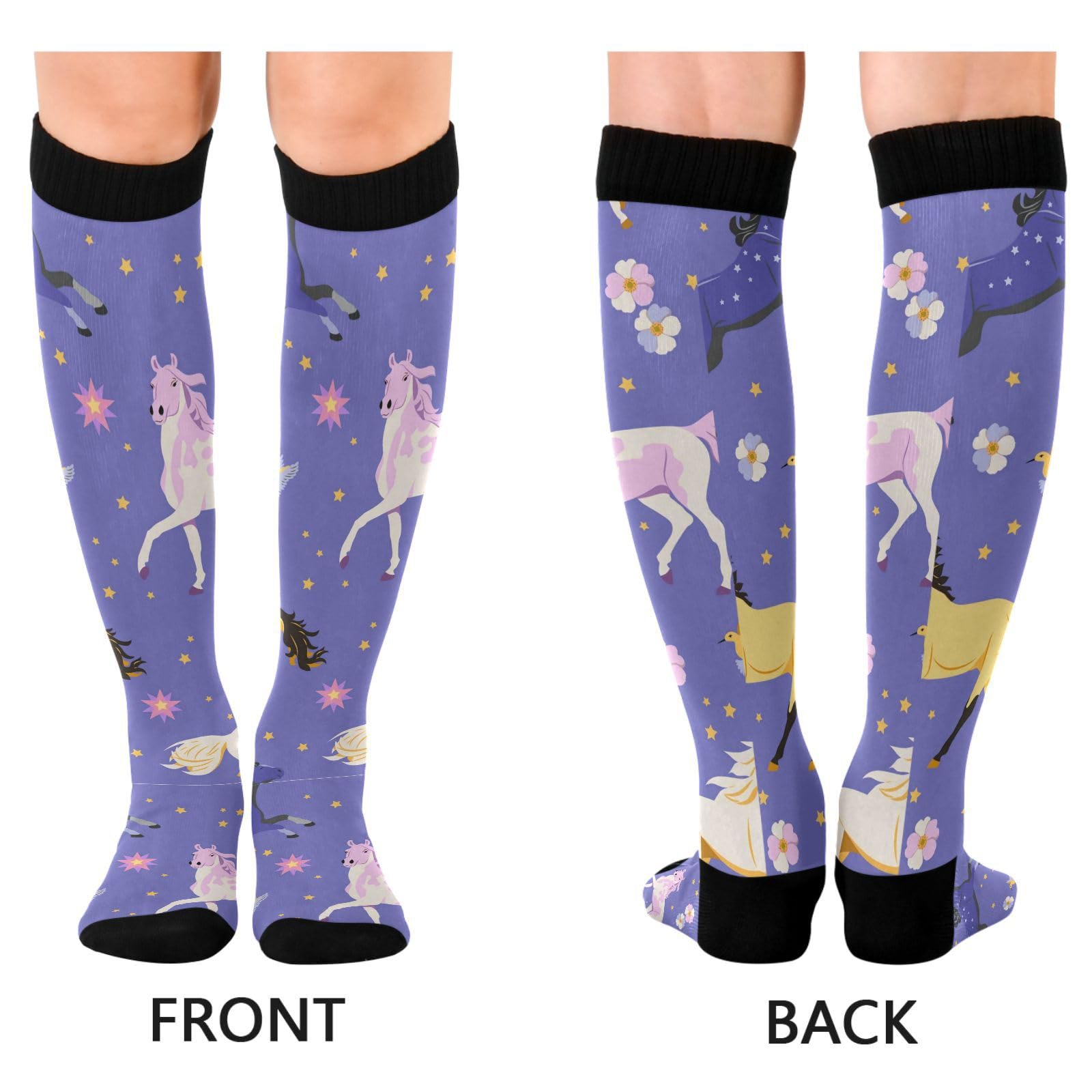 Dussdil Color Horse Flowers Birds Compression Socks for Women Men Circulation Long Knee Sock for Sport Gym Running Stockings