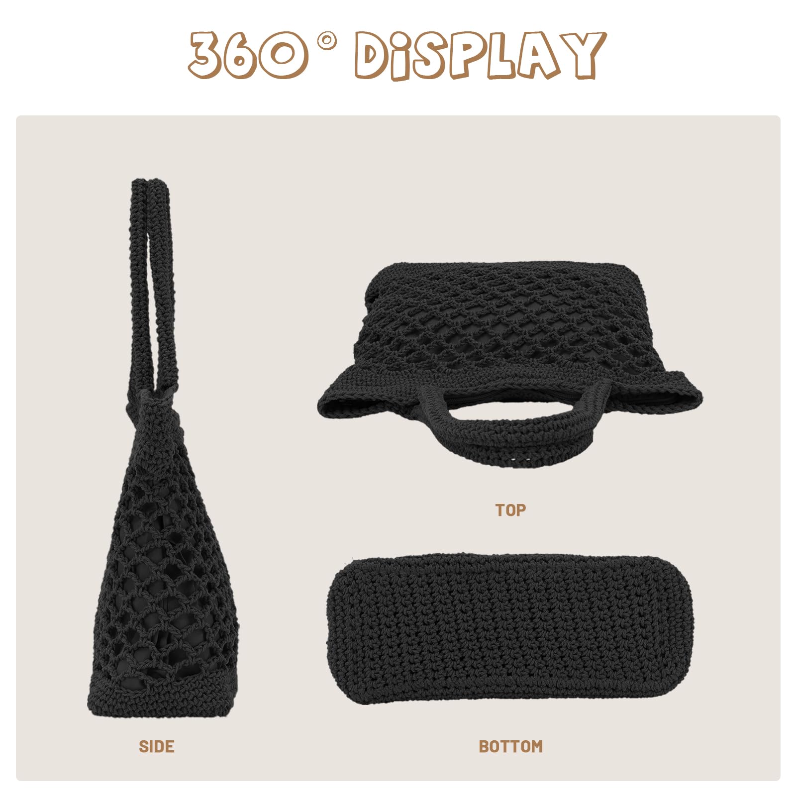 Borsa a Tracolla Grande in Maglia di Cotone all'uncinetto da Donna Borsa a Tracolla in Maglia Borsa a Rete da Viaggio Borsa a Rete con Manico Superiore,Nero