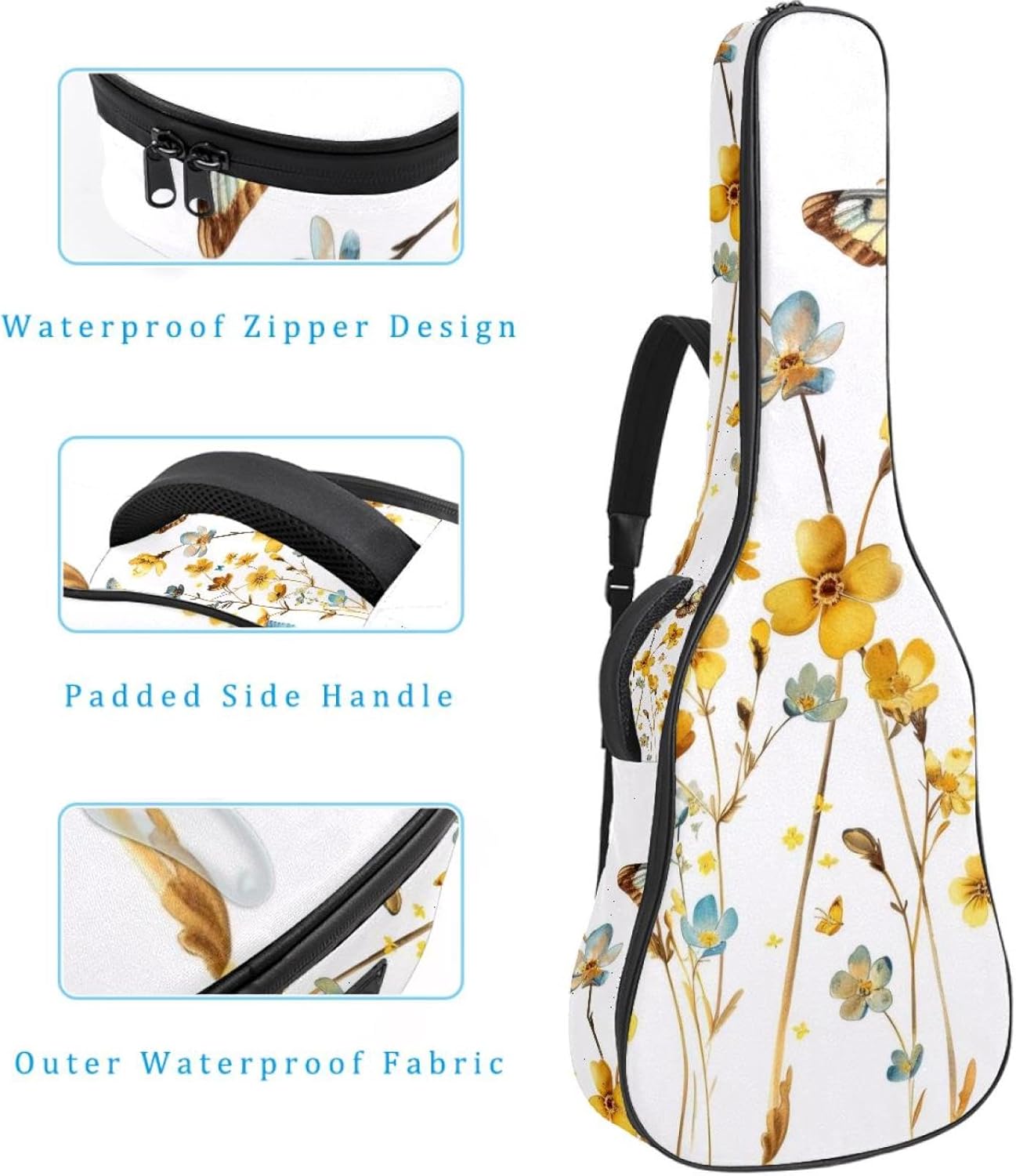 40 41 42 Inch Guitar Bags, Waterproof Padded Acoustic Guitar Case Backpack with Adjustable Shoulder Strap & Pockets, Cute Yellow Flowers with Butterflies