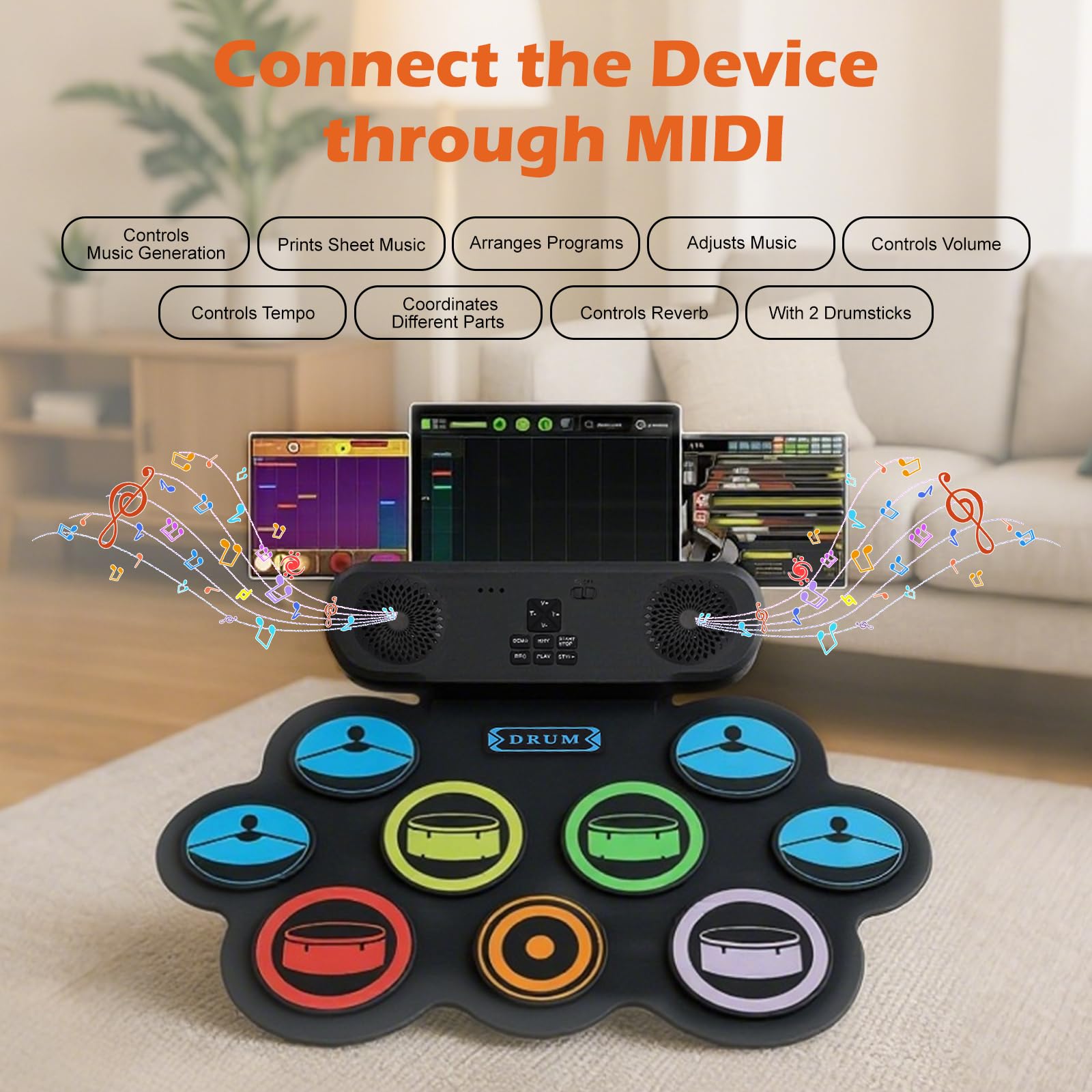 Kinder Schlagzeug Elektronisch mit 9 Pads,2 Stereolautsprecher,E-drum Set pocket drum，Elektronisches Schlagzeug E Drums mit 2 Fußpedalen & USB Wiederaufladbar für Kinder und Anfänger