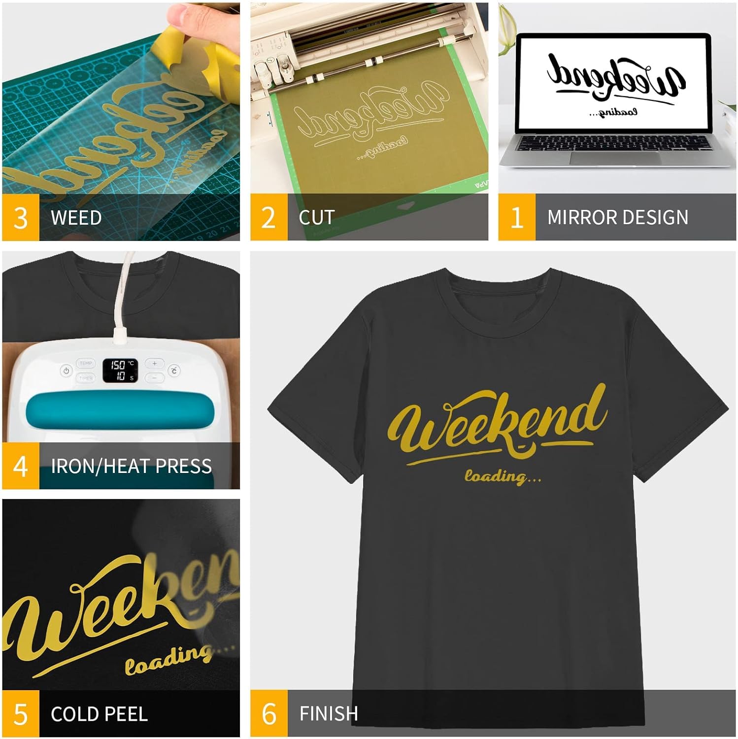 VinylRus Heat Transfer Vinyl-12” x 50ft Gold Iron on Vinyl Roll for Shirts, HTV Vinyl for Silhouette Cameo, Easy to Cut & Weed