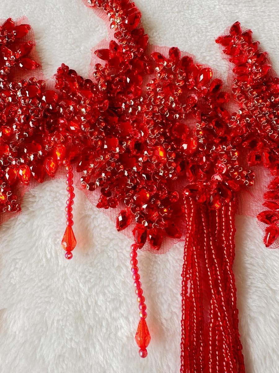 Pure Handmade Rhinestone Fringe Patch Trim Crystal Beaded Applique for Sewing Crafts Wedding Party Decoration Bridal Dress Accessories 16.1X16.9inches (Red)