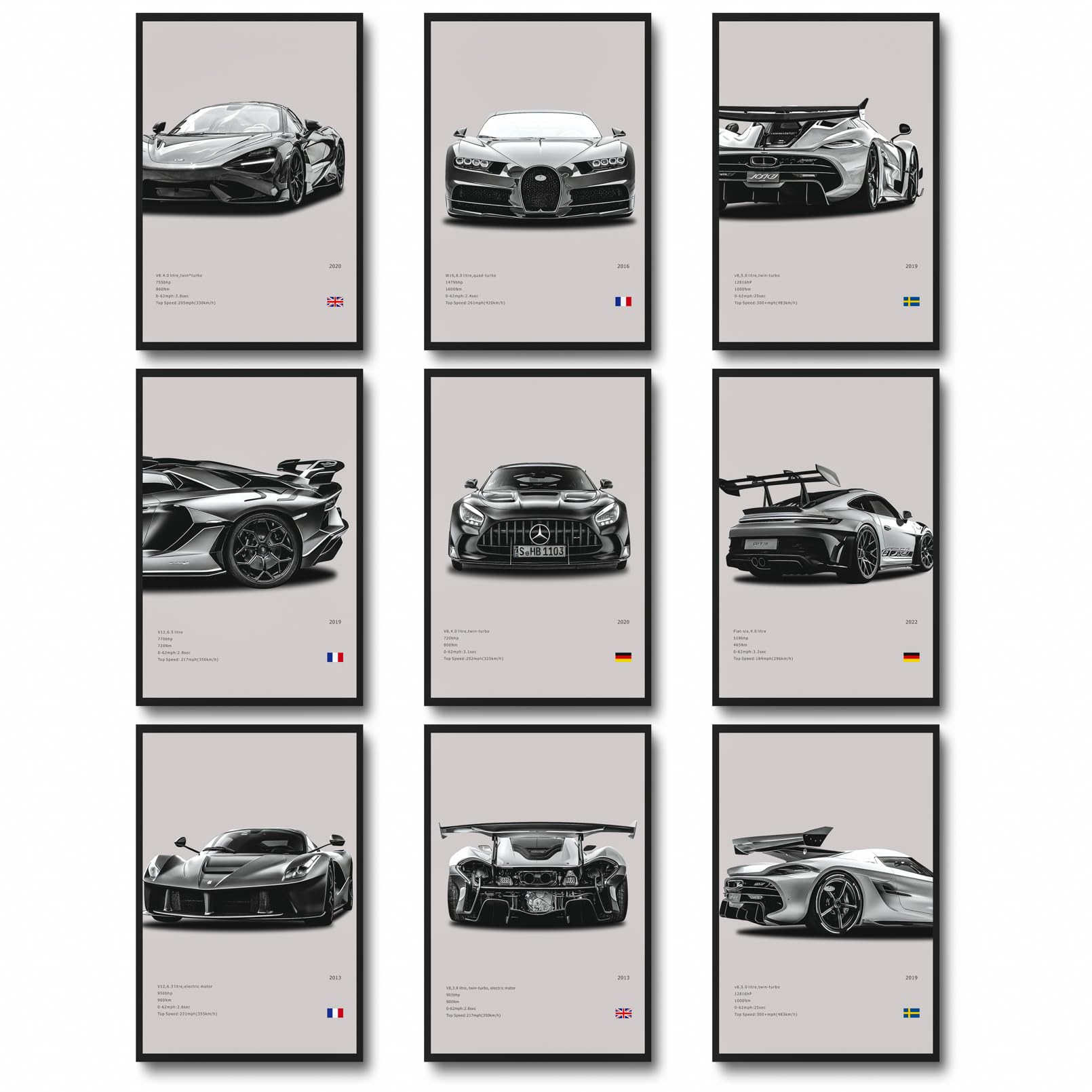 dazongweihan 9pcs Super Car Posters for Boys Room, Racing Car Wall Art for Men Guys,Sports Car Wall Decor, Race Cars Pictures Wall Decor for Bedroom Dorm Man Cave(Unframed,8x12inch) (X1)