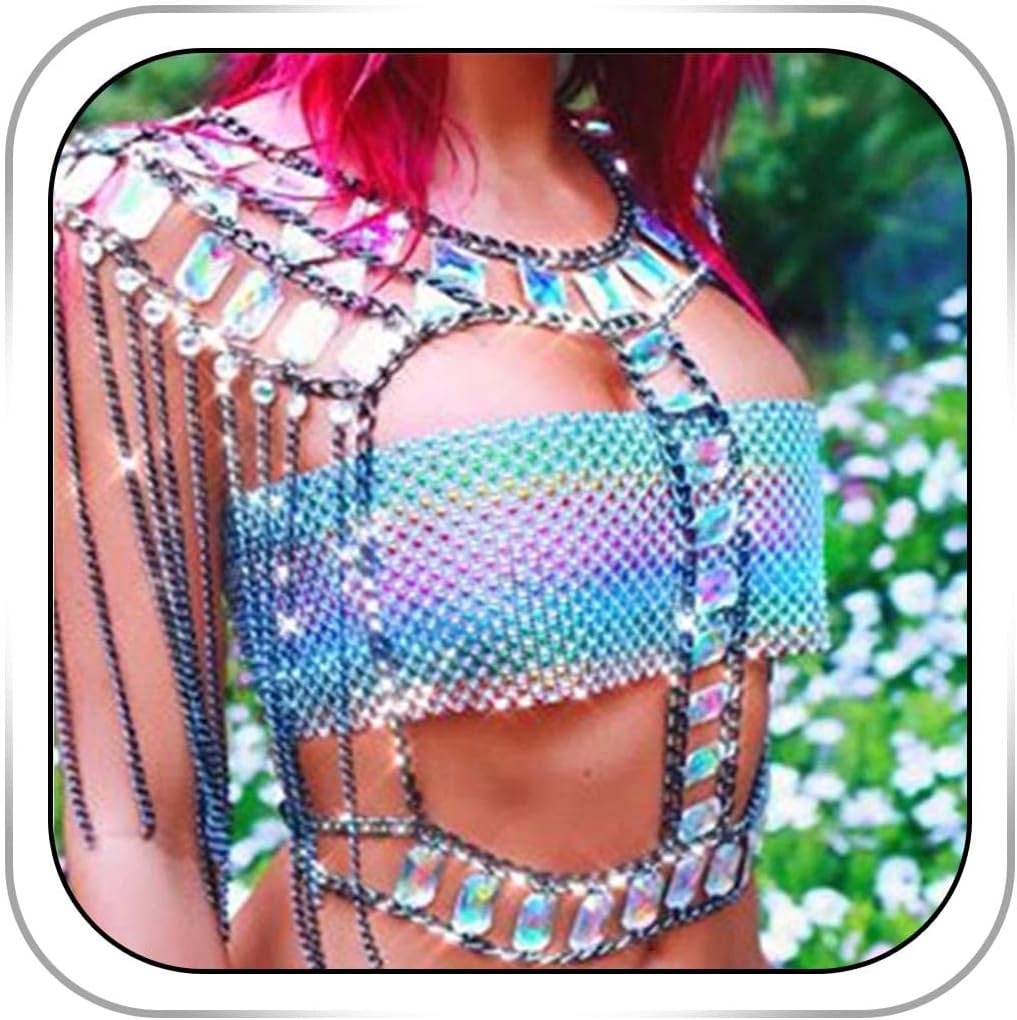 CanB Rhinestone Sexy Body Chain Crystal Tassel Bra Chain Summer Beach Bikini Chain Rave Nightclub Party Body Jewelry for Women and Girls (black)