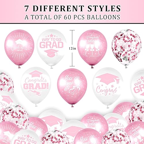 Miniatura 9 de Whaline Juego de 60 globos de fiesta de graduación, 7 diseños, globos de látex de confeti con 2 rollos de cinta de clase de 2025, globo de