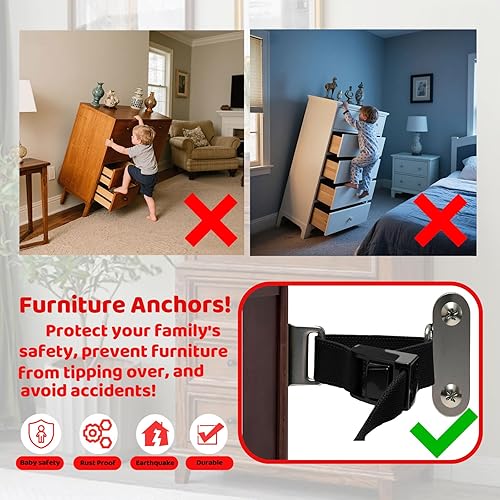 Miniatura 4 de Anclajes para muebles a prueba de bebés (2 juegos), anclajes de muebles antipunta, anclaje de pared para muebles, correas ajustables para muebles,