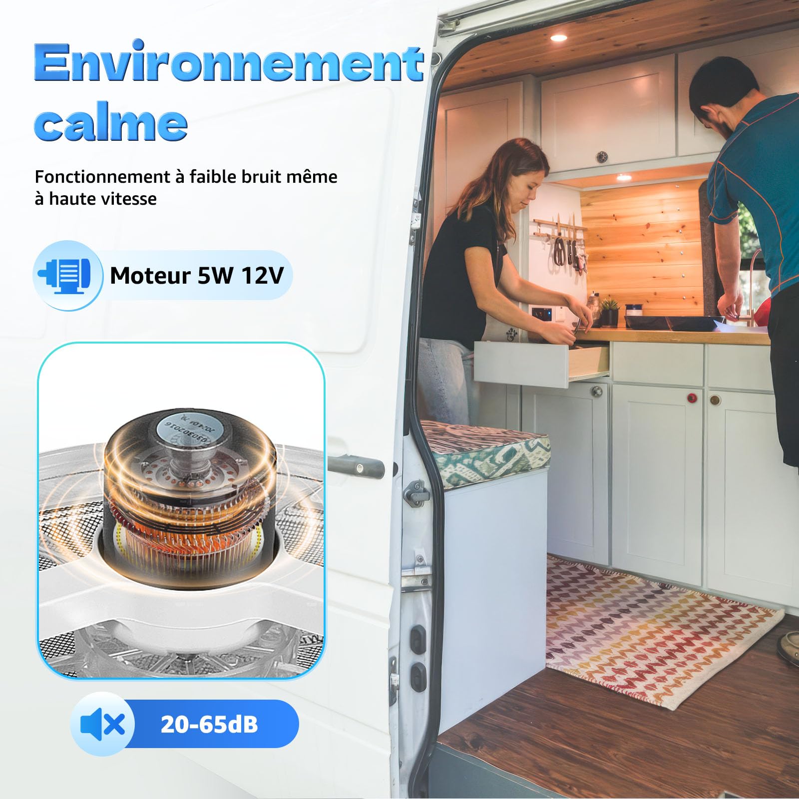 Ventilateur de toit pour camping-car, 28x28cm 12V avec LED, IP68 étanche, réversible, 5-35m³/min, silencieux en ABS, Ventilateur de toit camping-car pour van