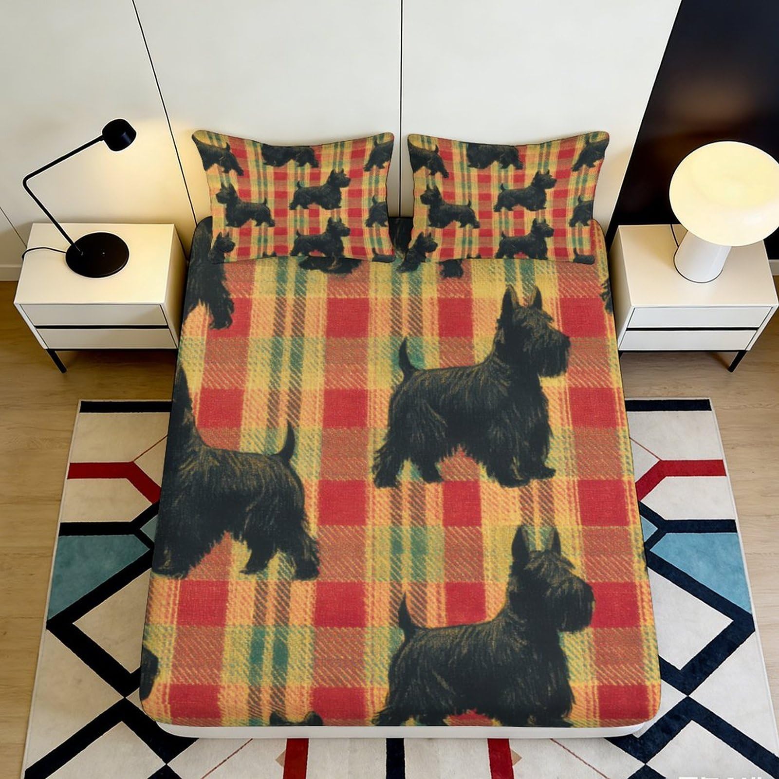 3D Printed Scottish Terrier Plaid Fitted Sheet Microfiber Soft Bed Sheet for Bedroom Guest Room Decor Protection 90x200x25cm