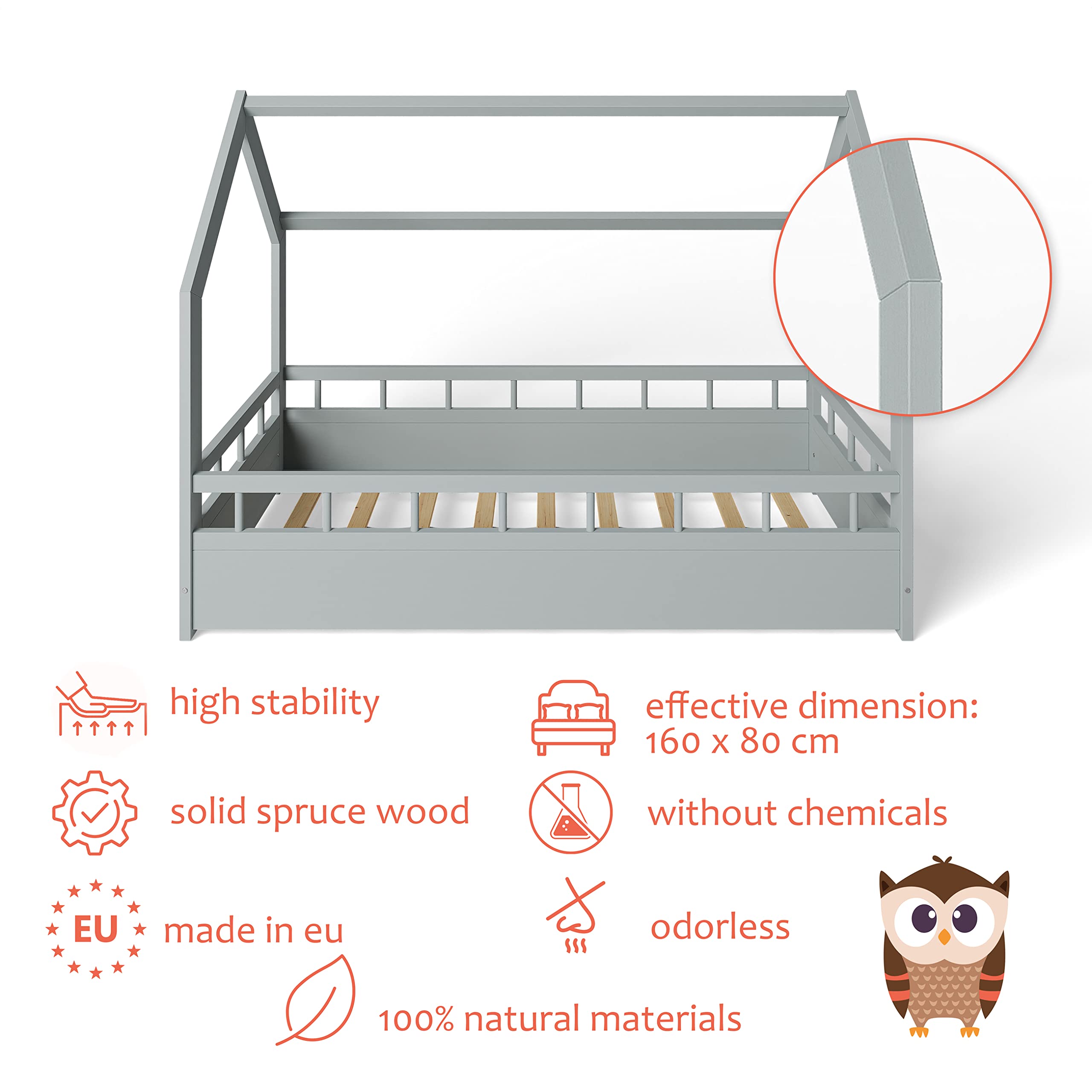 Lit Enfant Bébé Maison 80x160 cm en Massif Cabane avec Protection Anti-retombée Barrière Sécurité Gris