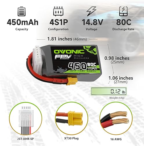 Miniatura 2 de OVONIC 4S Lipo Batería 80C 450mAh 14.8V Lipo Batería con conector XT30 para RC FPV Racing Drone Quadcopter (4 paquetes)