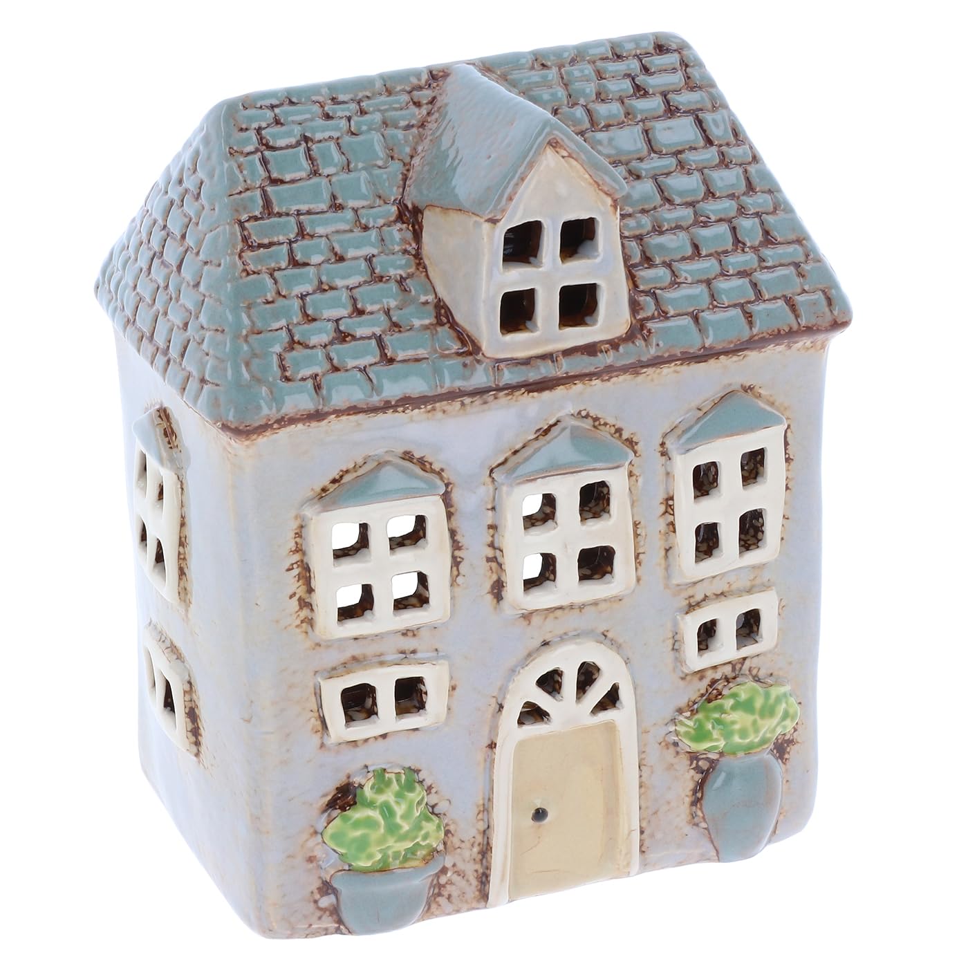 Shudehill Giftware Village Pottery Ceramic Tealight Holder Pretty Garden Floral House Collection - Grey, Blue, Yellow, Cream (Dormer Grey)