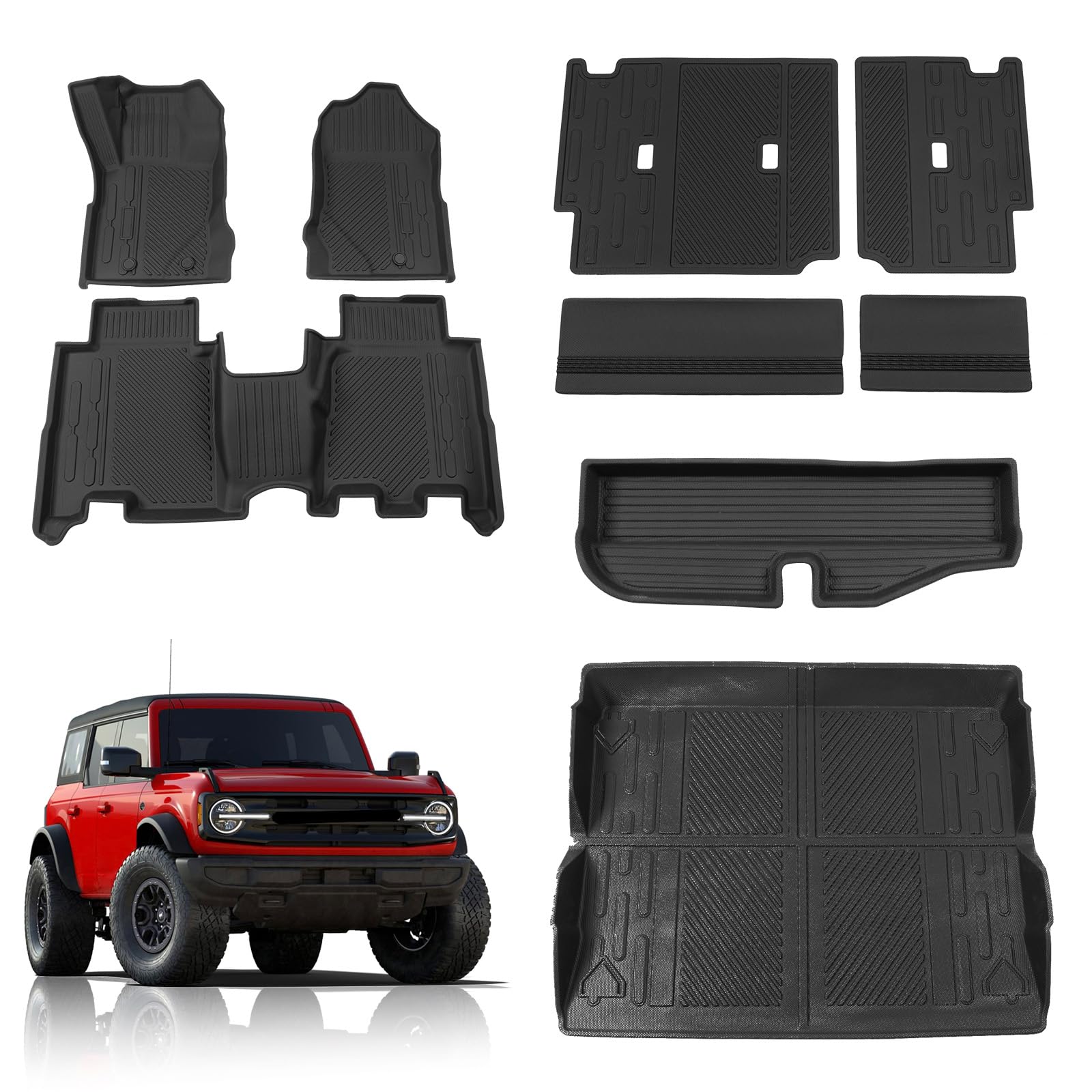 Rongtaod Floor Mats Compatible with 2021-2024 2025 Ford Bronco 4 Door Trunk Mat Cargo Mat Cargo Liner All Weather Back Seat Cover Protector 2023 Bronco Accessories (Set of 9 Mats)