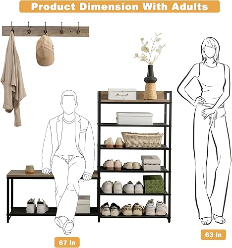 Miniatura 4 de Juego de banco de zapatos de 6 niveles, banco de entrada con 6 ganchos, perchero, árbol de pasillo y almacenamiento de zapatos para entrada,