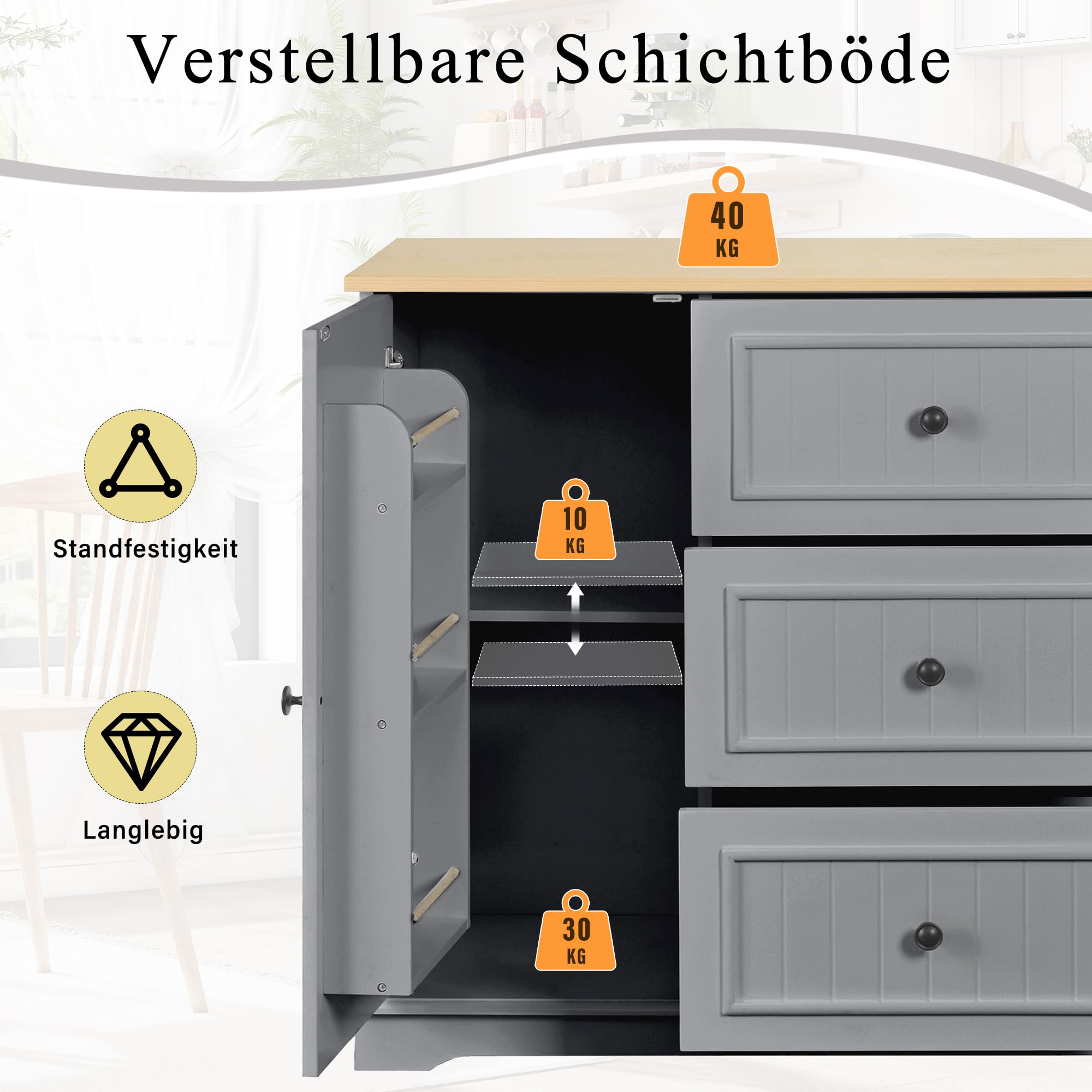 Aparador buffet con 3 cajones y puertas de frigorífico, versátil para salón, comedor y vestíbulo, color gris