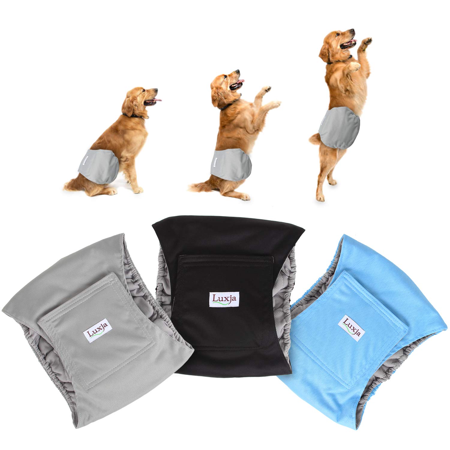 Luxja Wiederverwendbare Hundewindeln für Rüden (3 Stück), waschbares Welpen-Bauchband, (schwarz + grau + blau, XXL)