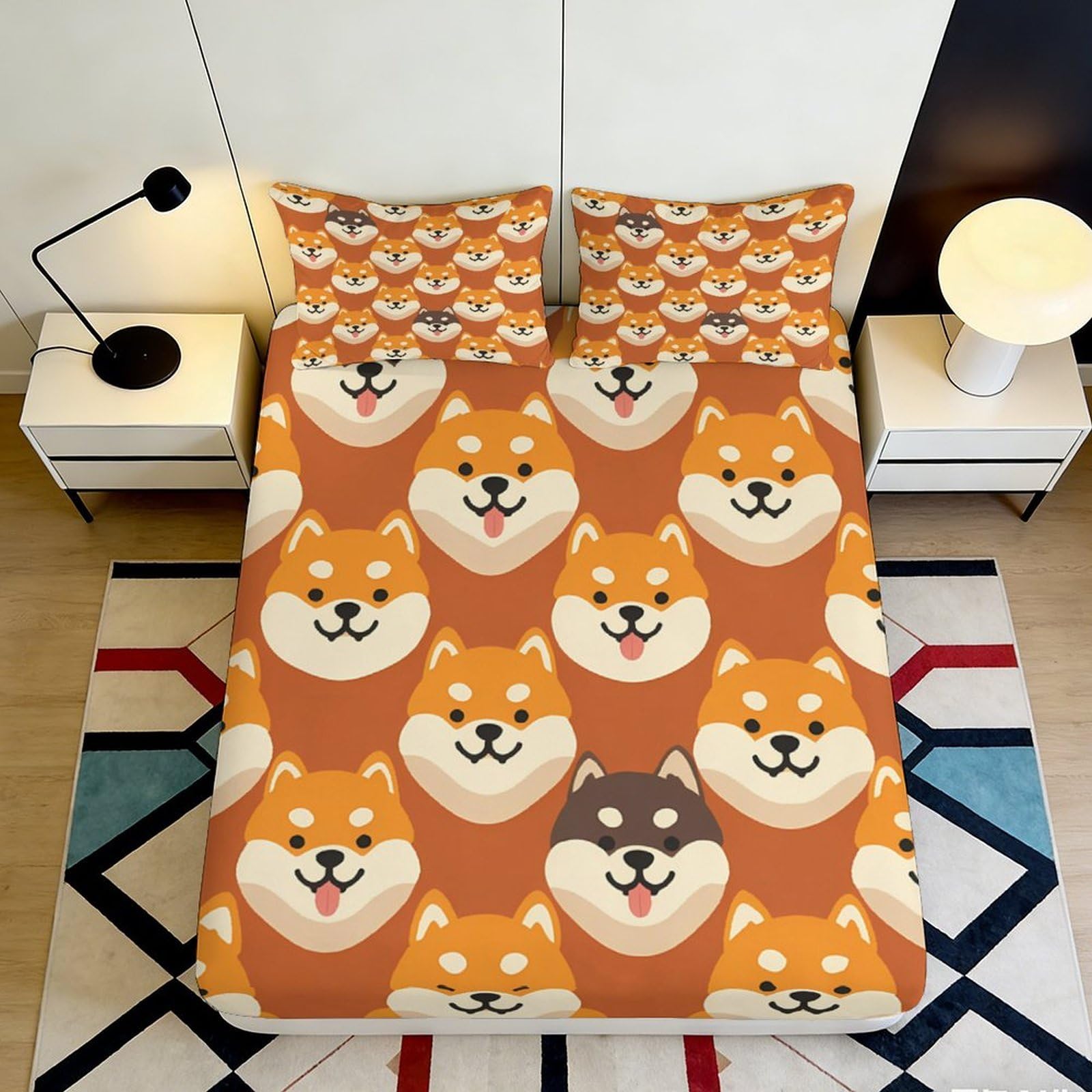 3D Printed Shiba Inu Cartoon Fitted Sheet Microfiber Soft Orange Dog Pattern Bed Cover for Bedroom Guest Room Decor 90x200x25cm