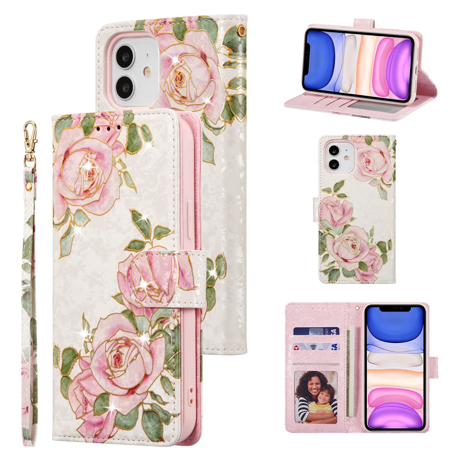 UEEBAI Wallet Case for iPhone 11 6.1 inch, PU Leather Phone Case Kickstand RFID Blocking Flip Case with Card Slots Wrist Strap Relief Engraved Pattern