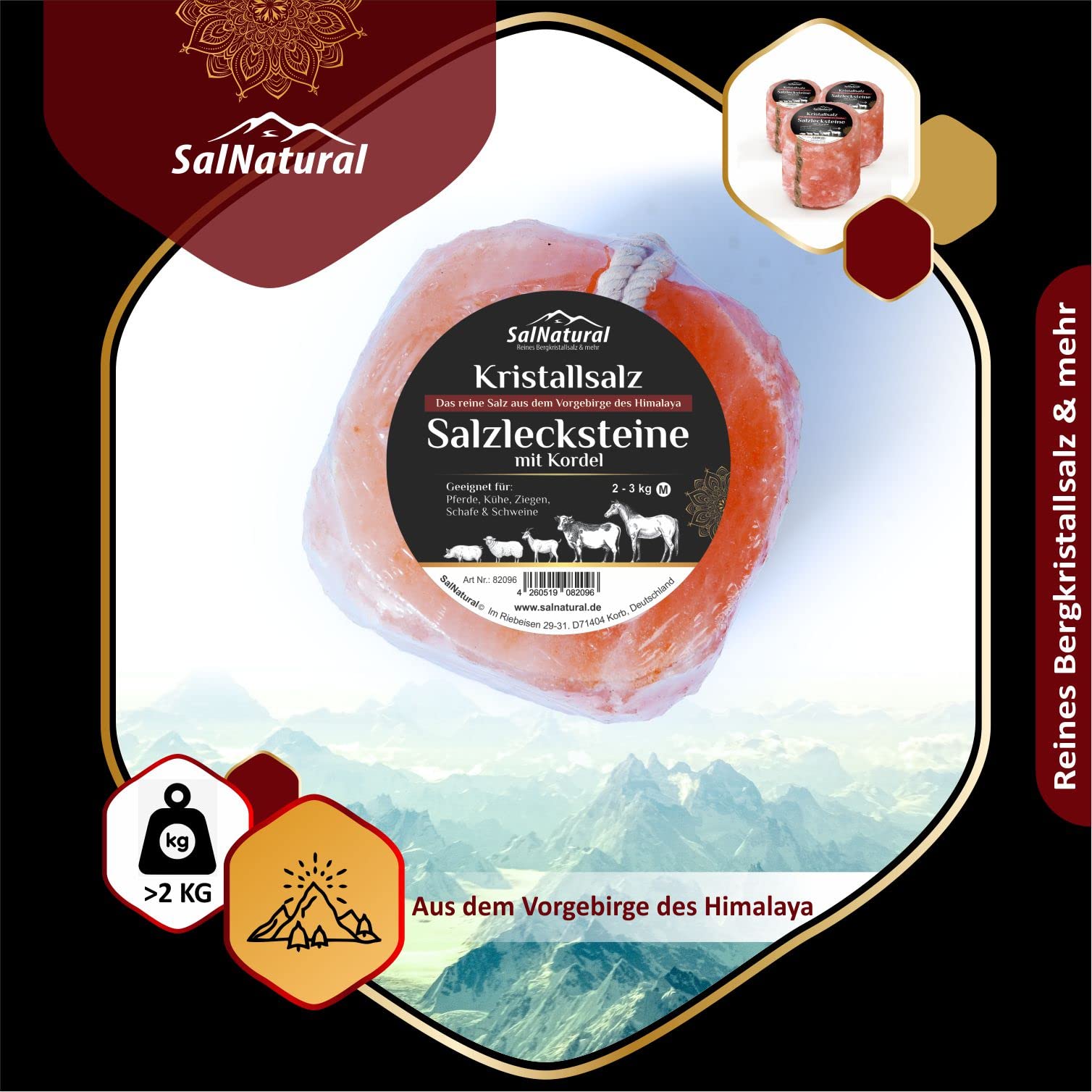 SalNatural 3 Pietre Di Sale Da 2 Kg Dall'Himalaya Della Salt Range Pakistan per Bovini, Caprini