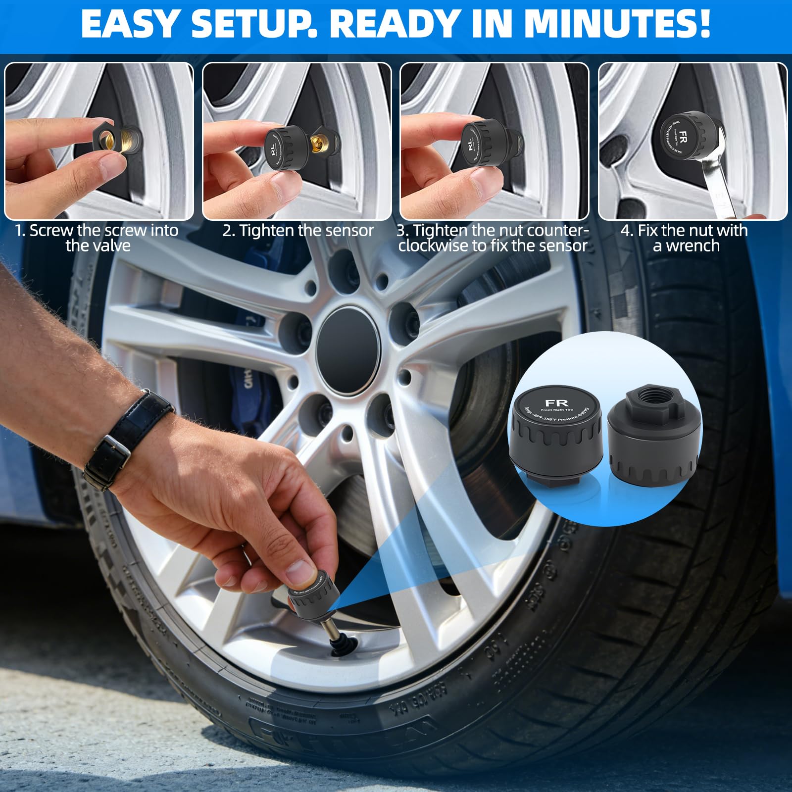 TPMS Sistema di monitoraggio della pressione dei pneumatici con traccia dinamica UL, monitor della pressione dei pneumatici solare con modalità di allarme, sensore impermeabile IPX7, 0-98 PSi