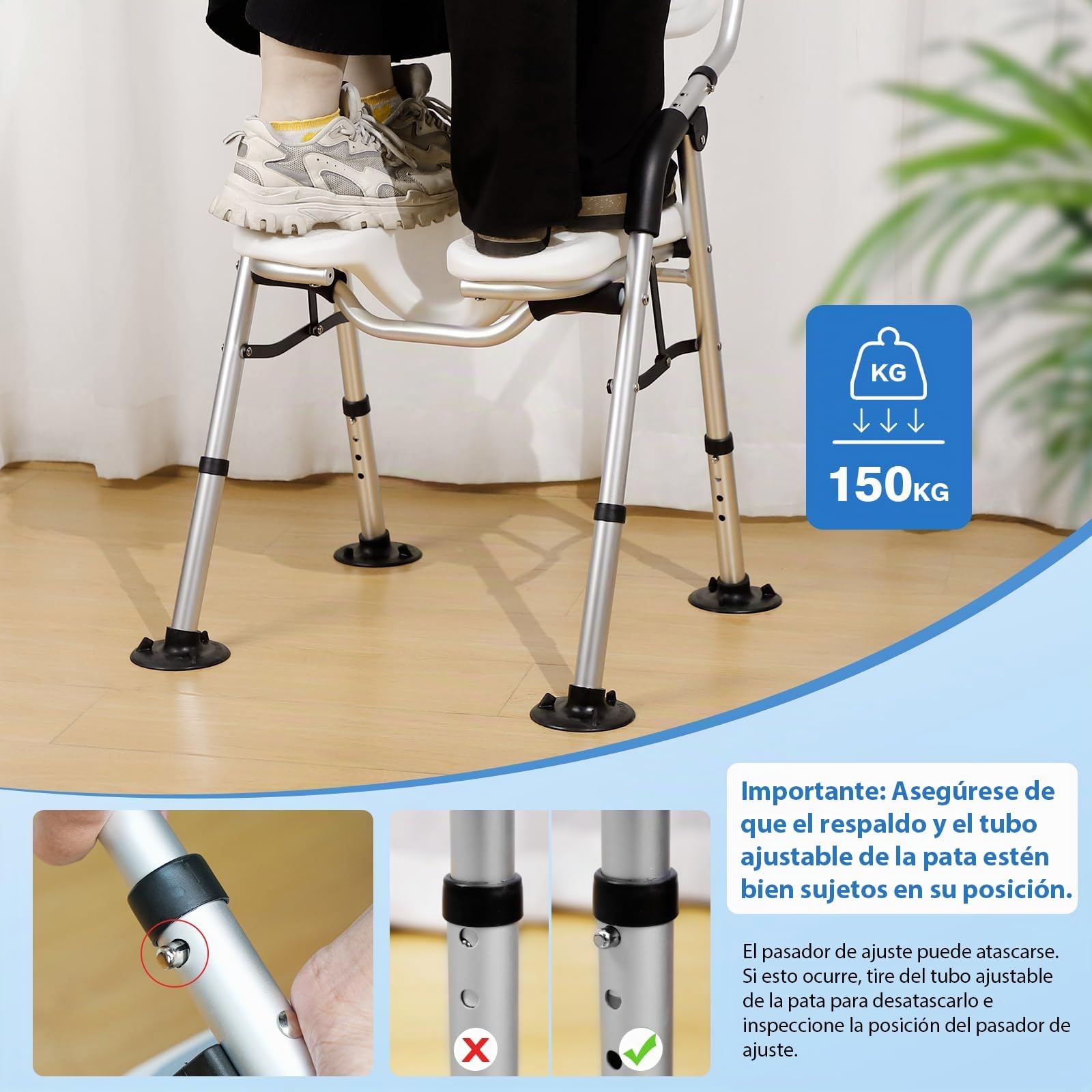 DEWEL Silla para Ducha para Personas Mayores, Silla Ducha Plegable (Gris) | con Respaldo y Brazos, InstalacióN Sin Herramientas, con Ranuras, Altura Ajustable, Capacidad de Carga 150 Kg