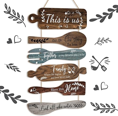 Miniatura 9 de Geetery 6 letreros de madera con texto en inglés «Bless The Food Before Us», decoración de pared de cocina, comedor, collage de pared, rústico